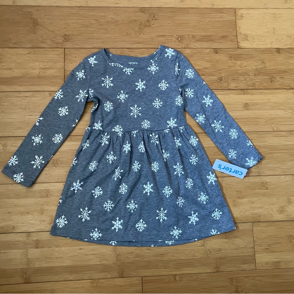 NWT Girls Size 4 Carter's Gray Snowflake Print Long-Sleeve Knit Dress